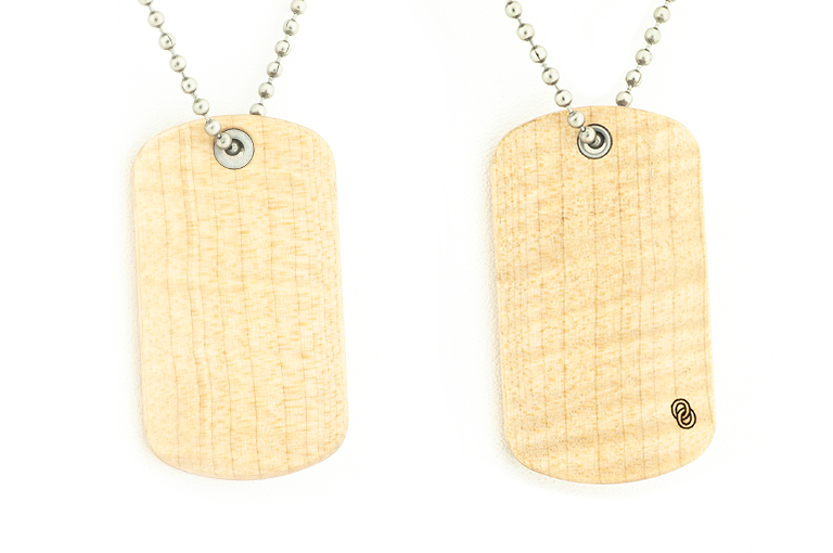 Front and back view of Curly Maple wood dog tags, wood dog tags.