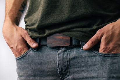 Wood belt buckle worn by model. 