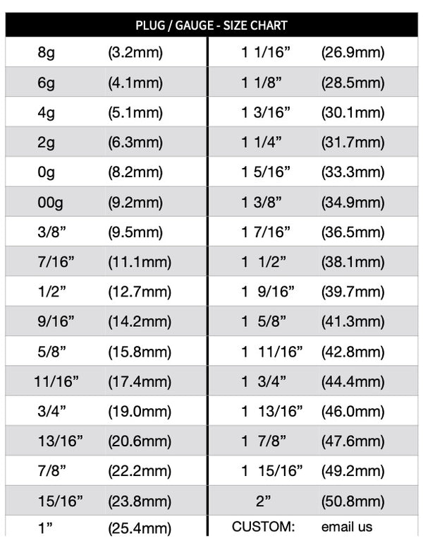 Ear Plug and Gauge Size Chart.