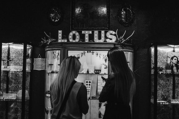 Lotus Body Adornment display case in studio. 