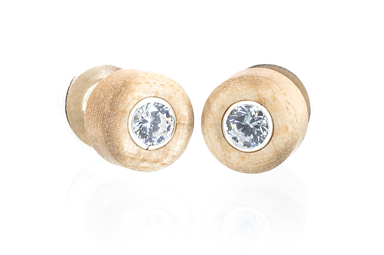Wood earrings set with Swarovski CZ. Wood is Curly Maple. 
