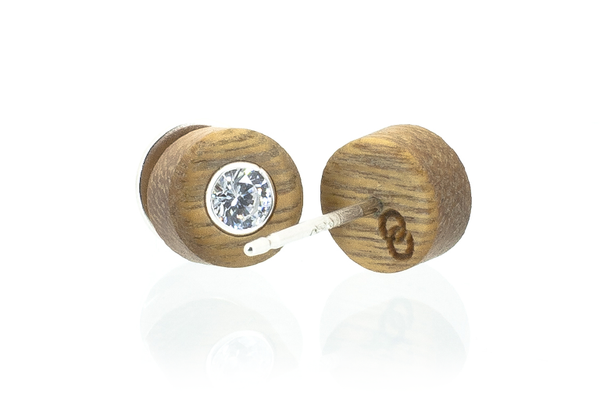 Wood earrings set with Swarovski CZ. Made in Verawood. View of back logo.