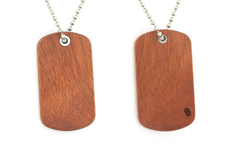 Front and back view of Bloodwood dog tags, wood dog tags.