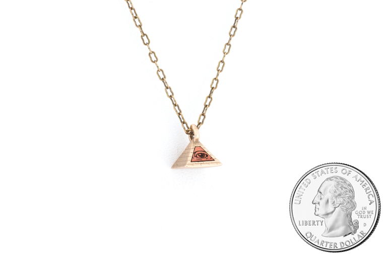Pyramid pendant necklace. Bronze with wood inlay. Size scale. 