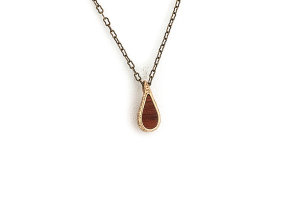 Rain drop pendant necklace. Bronze metal with Bloodwood inlay.