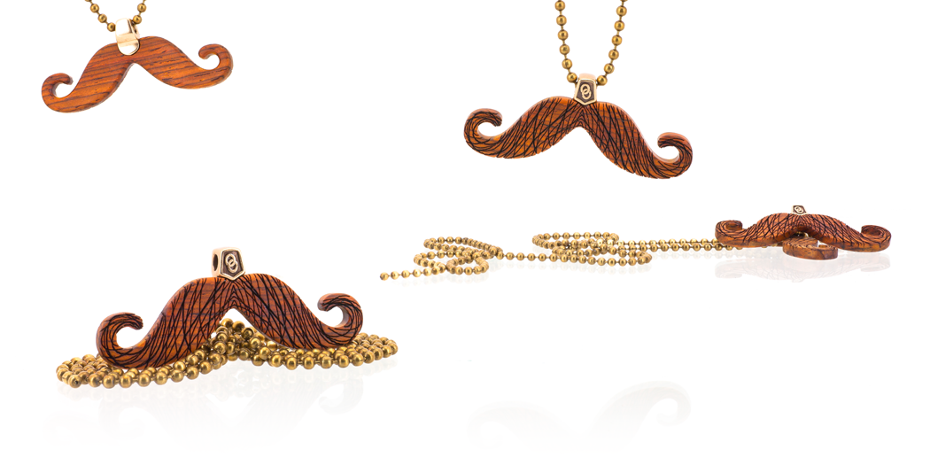 Mustache pendant, multi views. Made in Cocobolo wood with bronze hardware.