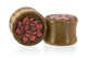 A pair of wooden ear plugs with a floral inlay design, crafted from Verawood with Pink Ivory and Osage Orange Inlay details.